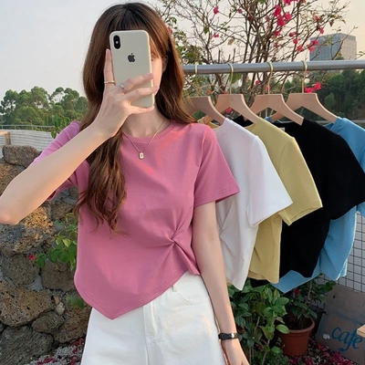2022夏短袖女閨蜜上純欲風打底衫女裝學生韓版修身不規則短袖T恤【券後價】27.90元