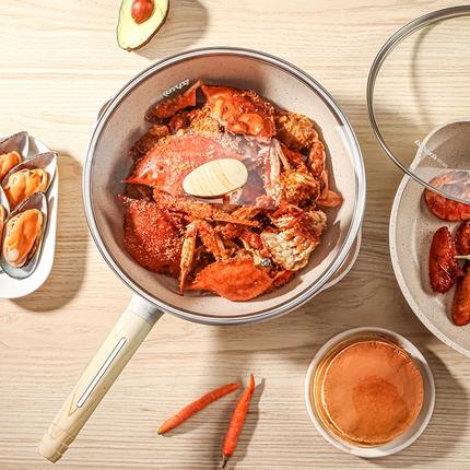 日式麥飯石不粘鍋平底煎炒鍋牛排煎鍋烙餅無煙不生鏽電磁燃氣通用【券後價】59.00元